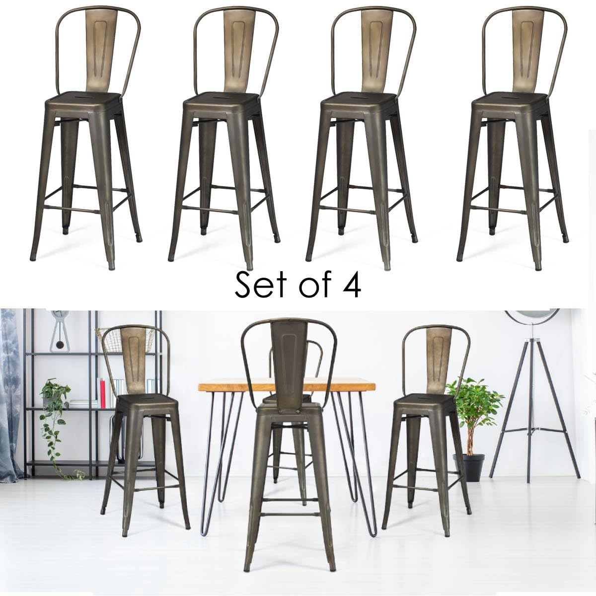 GiantexUK Bar Stools Set of 4, 76CM Seat Height Stackable Metal Kitchen Chairs with Handles, Footrests & Rubber Foot Pads