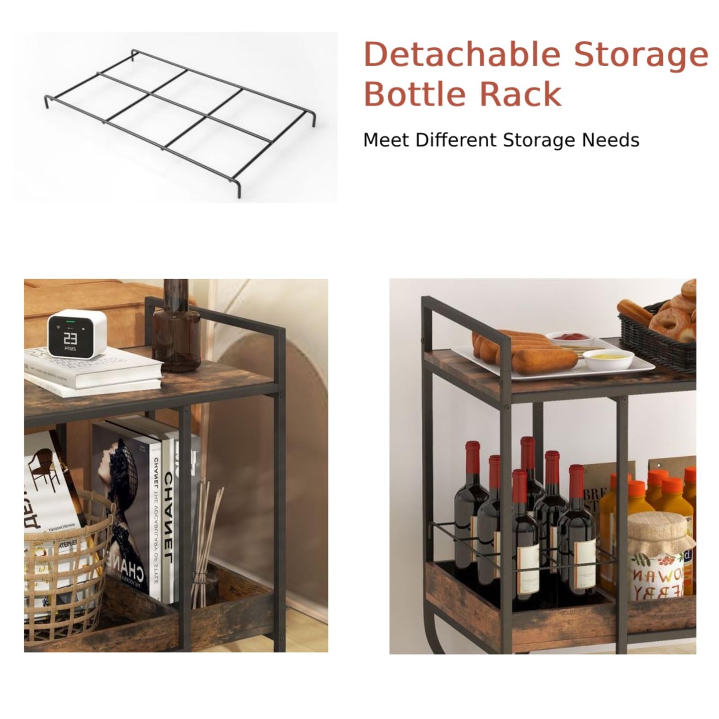 GiantexUK Kitchen Serving Trolley on Wheels, Mobile Storage Organizer Cart with Detachable Wine Rack & Adjustable Foot Pads