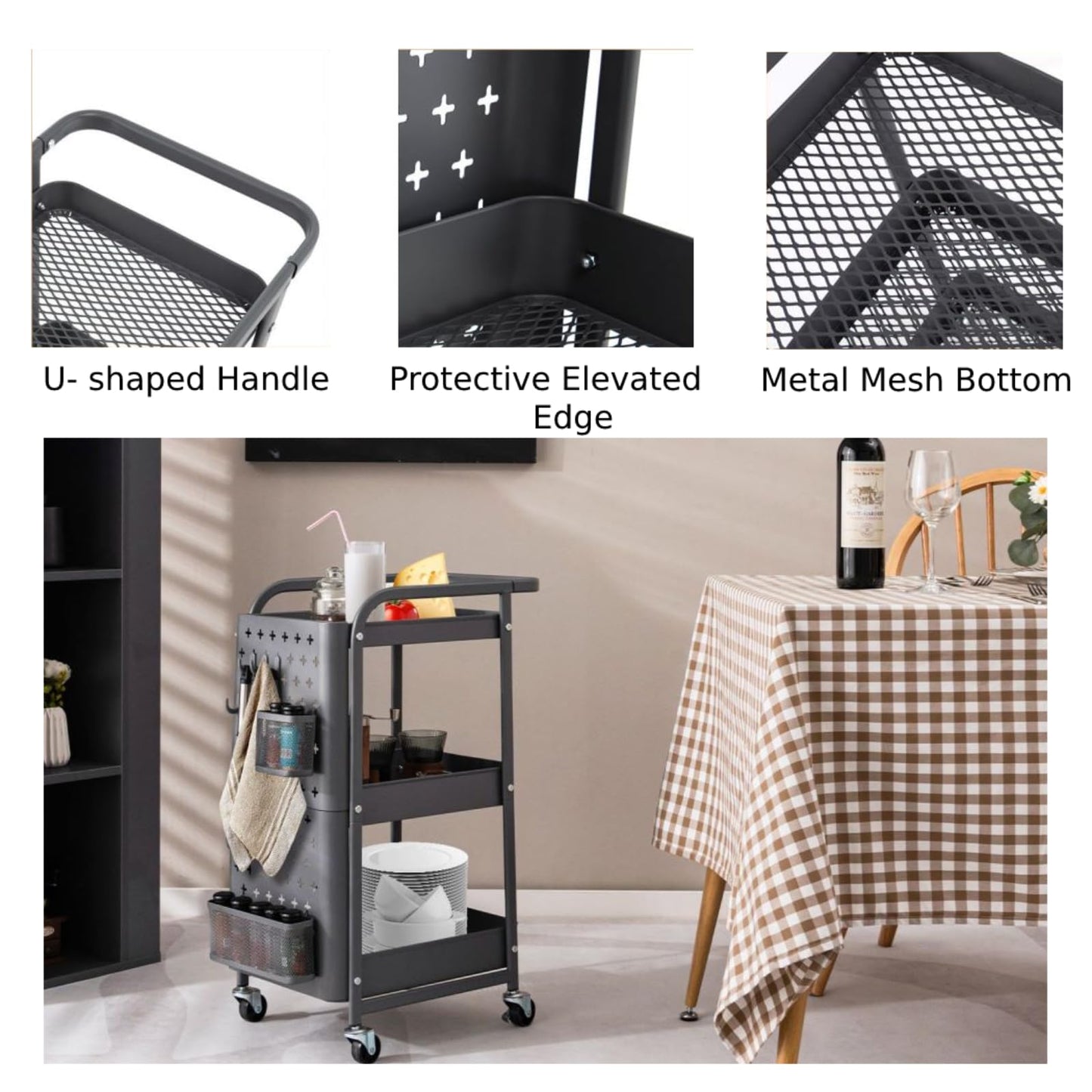 GiantexUK 3-Tier Storage Cart on Wheels, Metal Serving Trolley with Pegboards, Handle, Storage Basket & Removable Hooks