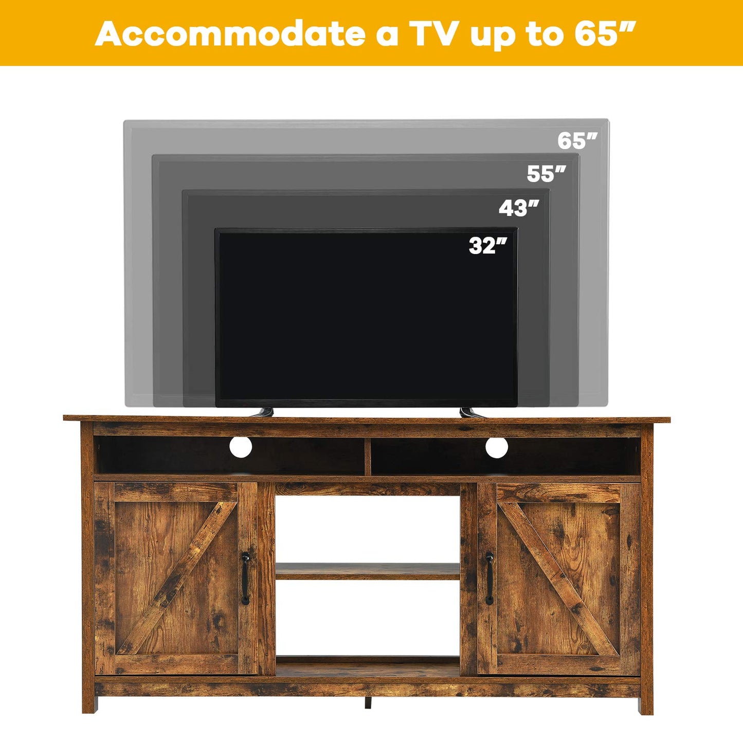 Farmhouse TV Stand for TVs up to 65", Wooden TV Cabinet Media Entertainment Center with Barn Doors & Open Shelf