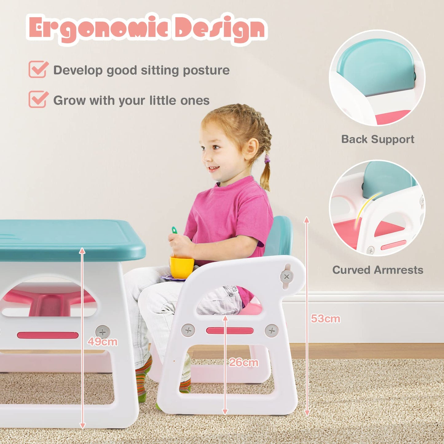 Toddler Table and Chairs Set, Plactic Children Activity Table with Storage Rack