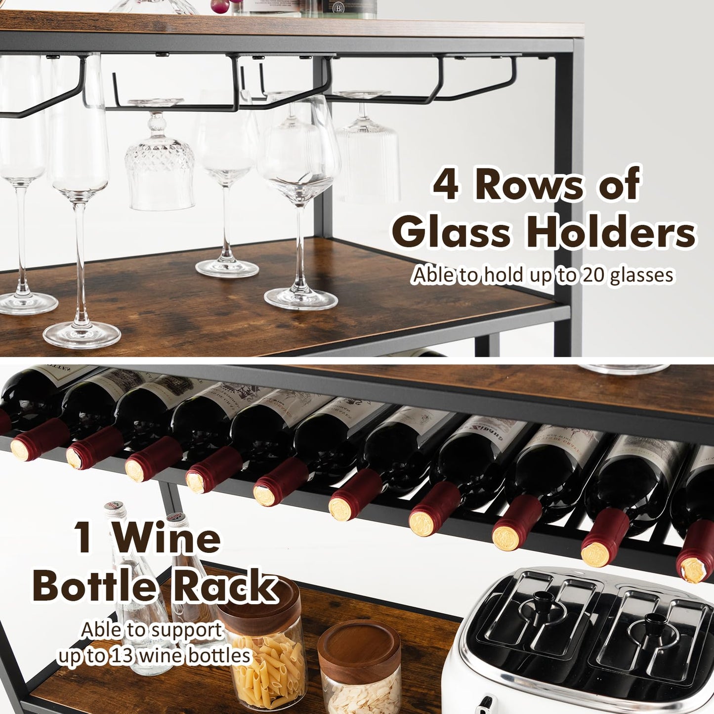 GiantexUK 13 Bottles Wine Rack, 4-Tiers Freestanding Wine Bar Cabinet with Tabletop, Shelves & Glass Holders