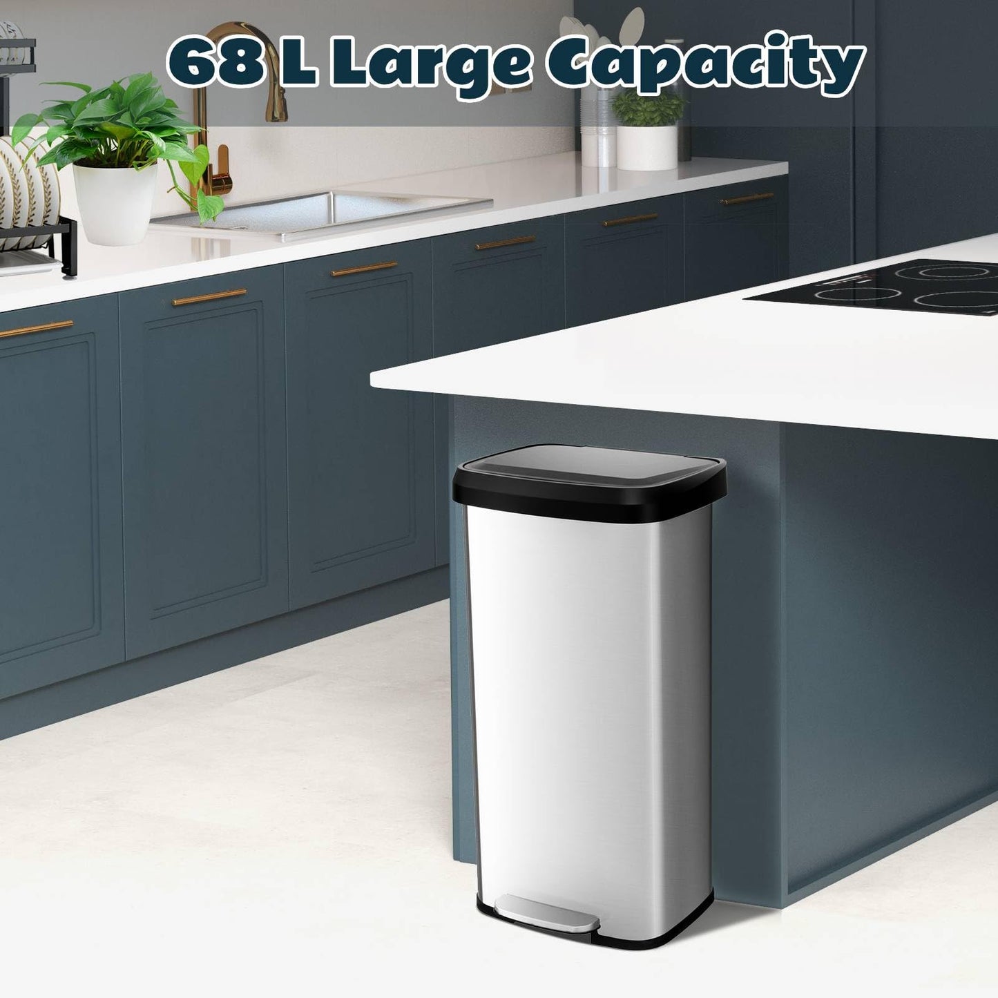 GiantexUK 68L Recycling Pedal Bin, Stainless Steel Rectangular Trash Bin with Silent Soft Close Lid & Pedal