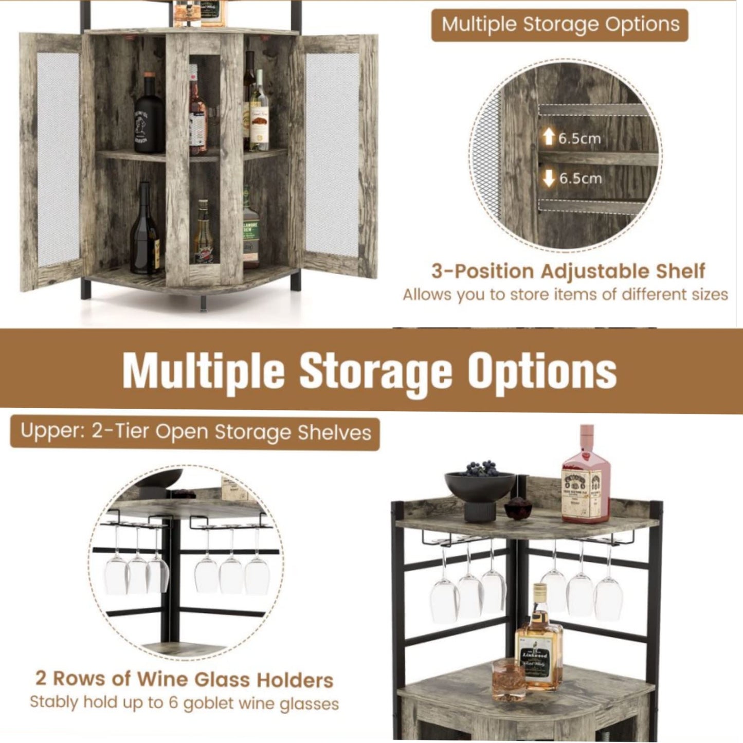 GiantexUK Corner Bar Cabinet, Industrial Wine Cabinet with Glass Holders, Adjustable Shelf & Mesh Doors