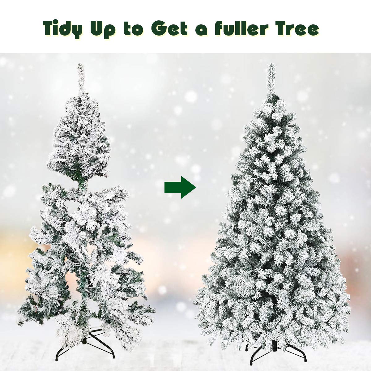 6FT Flocked Christmas Tree, Pre-Lit Artificial Decoration Tree with 600 PVC Branch Tips and 250 LED Lights