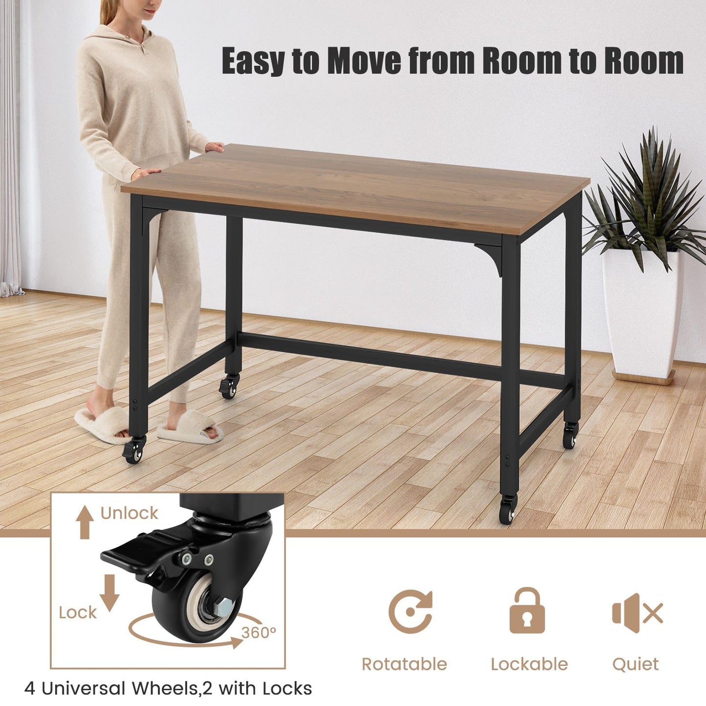 Rolling Computer Desk, 120cm Metal Frame Writing Desk with Wheels