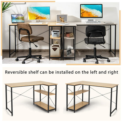 Corner Computer Desk, L-Shaped Writing Study Table with Reversible and Adjustable Bookshelf