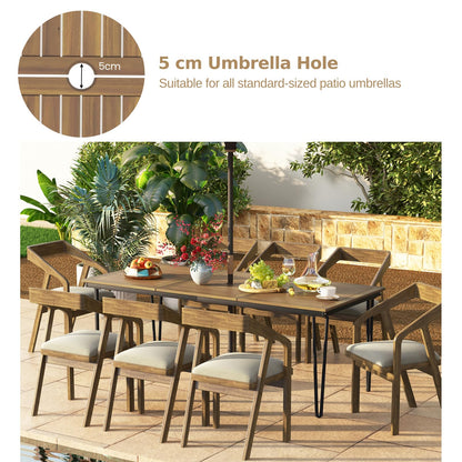 GiantexUK Outdoor Dining Table for 8, 200 x 90cm Acacia Wood Kitchen Table with Metal Legs, Umbrella Hole & Adjustable Foot Pads