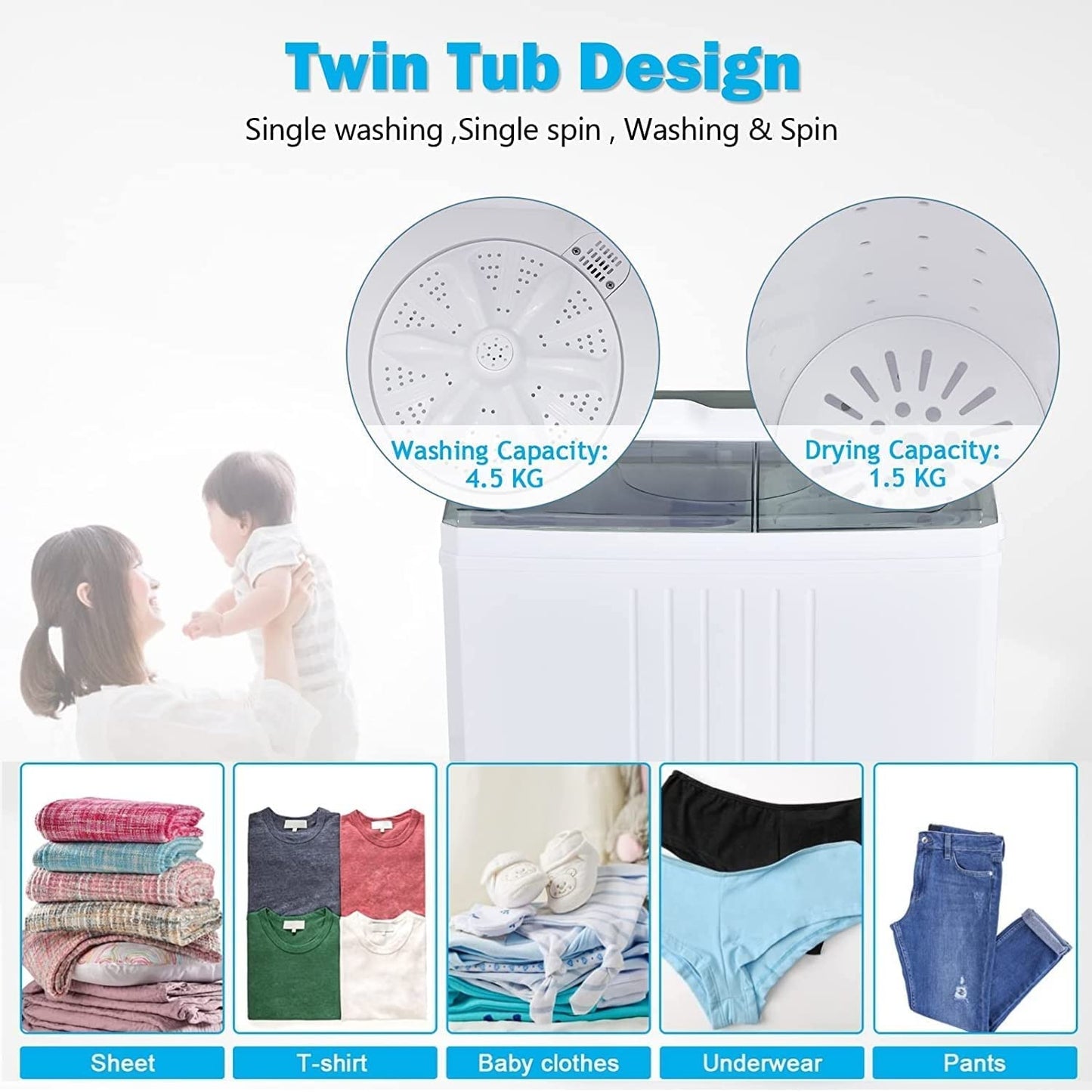 GiantexUK Twin Tub Washing Machine, 4.5KG Compact Washing Machine and Spin Dryer Combo with 3 Modes