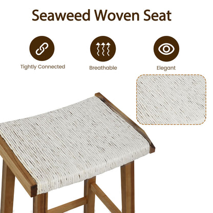 GiantexUK Bar Stools Set of 2, Saddle Style Counter Height Stools with Seaweed Woven Seat, Footrests & Anti-slip Pads