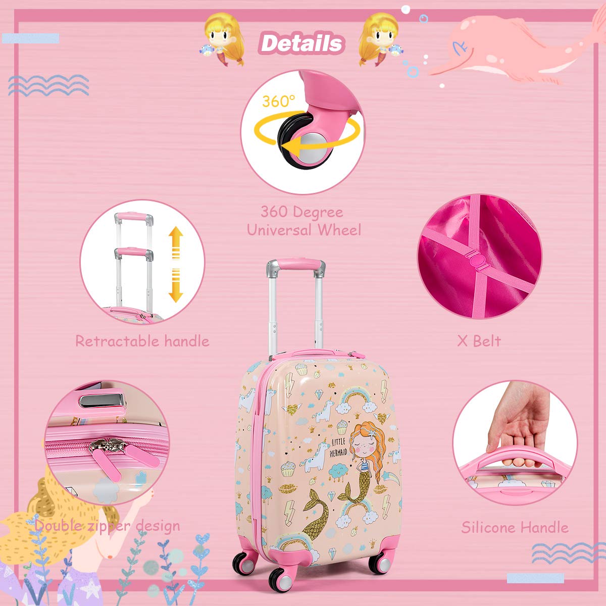 2 Pcs Kids Luggage Set, 12'' Backpack and 18'' Suitcase Children Boys Girls Travel School Trolley Case on Wheels (Mermaid, Pink)