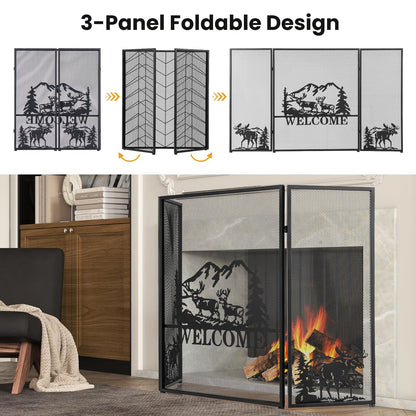 GiantexUK 3-Panel Folding Fire Guard, Heavy Duty Metal Mesh Fireplace Screen (Moose Pattern, 132x79cm)