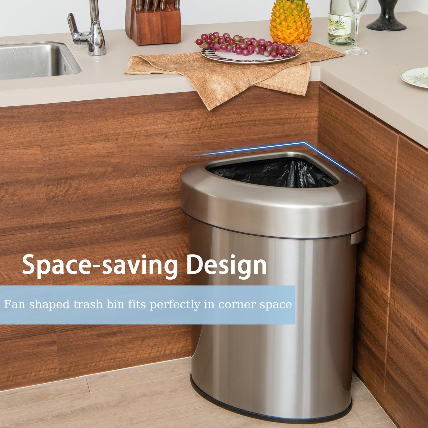 GiantexUK 60L Corner Trash Bin, Fan-shaped Kitchen Rubbish Bin with Handle & Non-slip Bottom