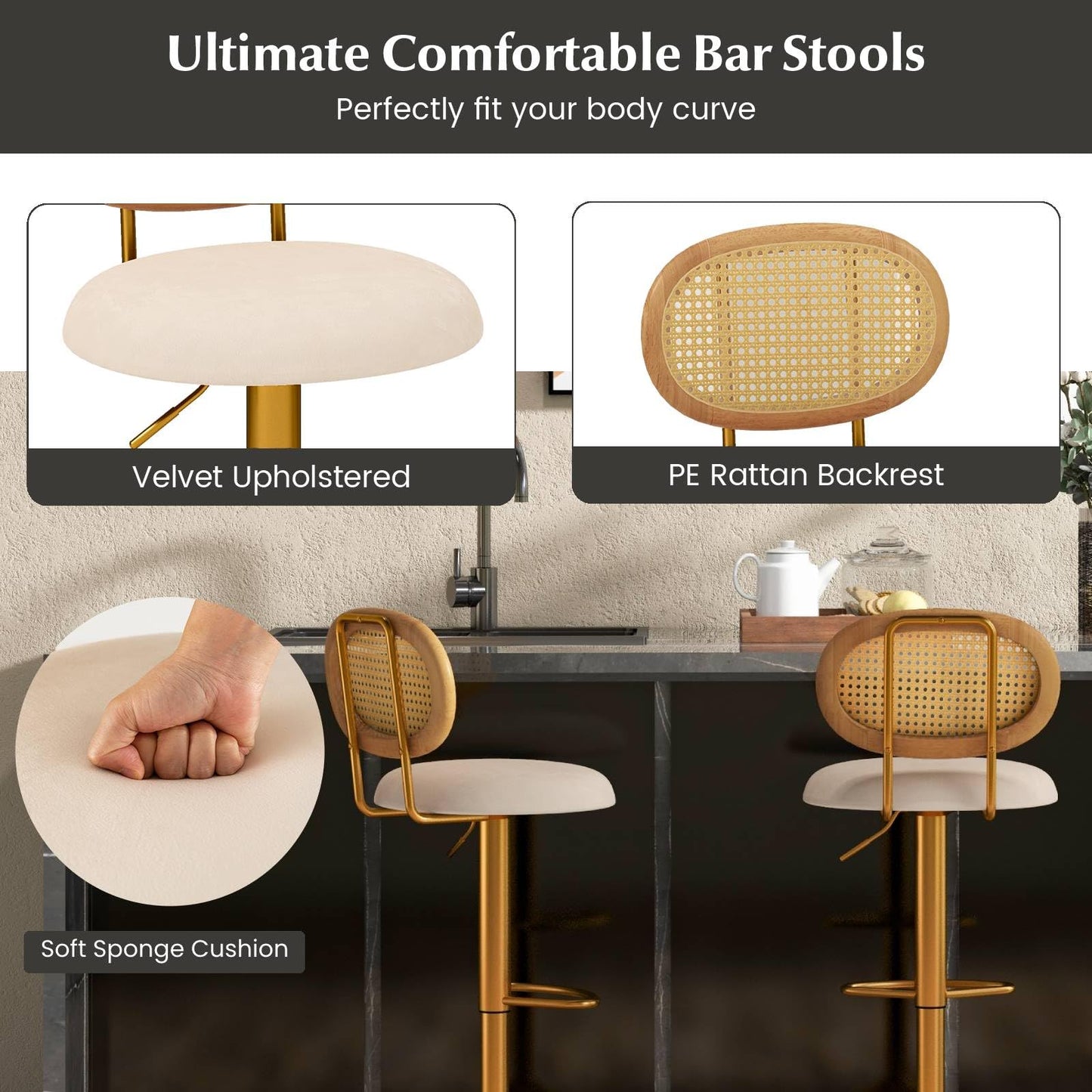 GiantexUK Bar Stools Set of 2, 360° Swivel Height Adjustable Kitchen Barstools with Rattan Back, Footrest