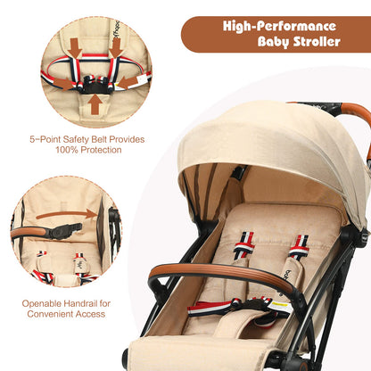 Lightweight Baby Stroller, One-Hand Foldable Infant Pushchair with 5-Point Harness