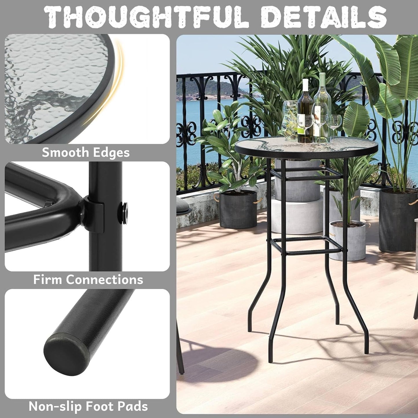 GiantexUK Patio Bar Table with Tempered Glass Tabletop and Heavy-duty Metal Frame