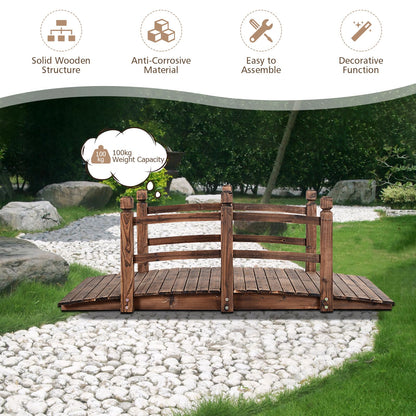 GiantexUK 1.5M Wooden Garden Bridge, Decorative Arc Footbridge with Safety Guardrails