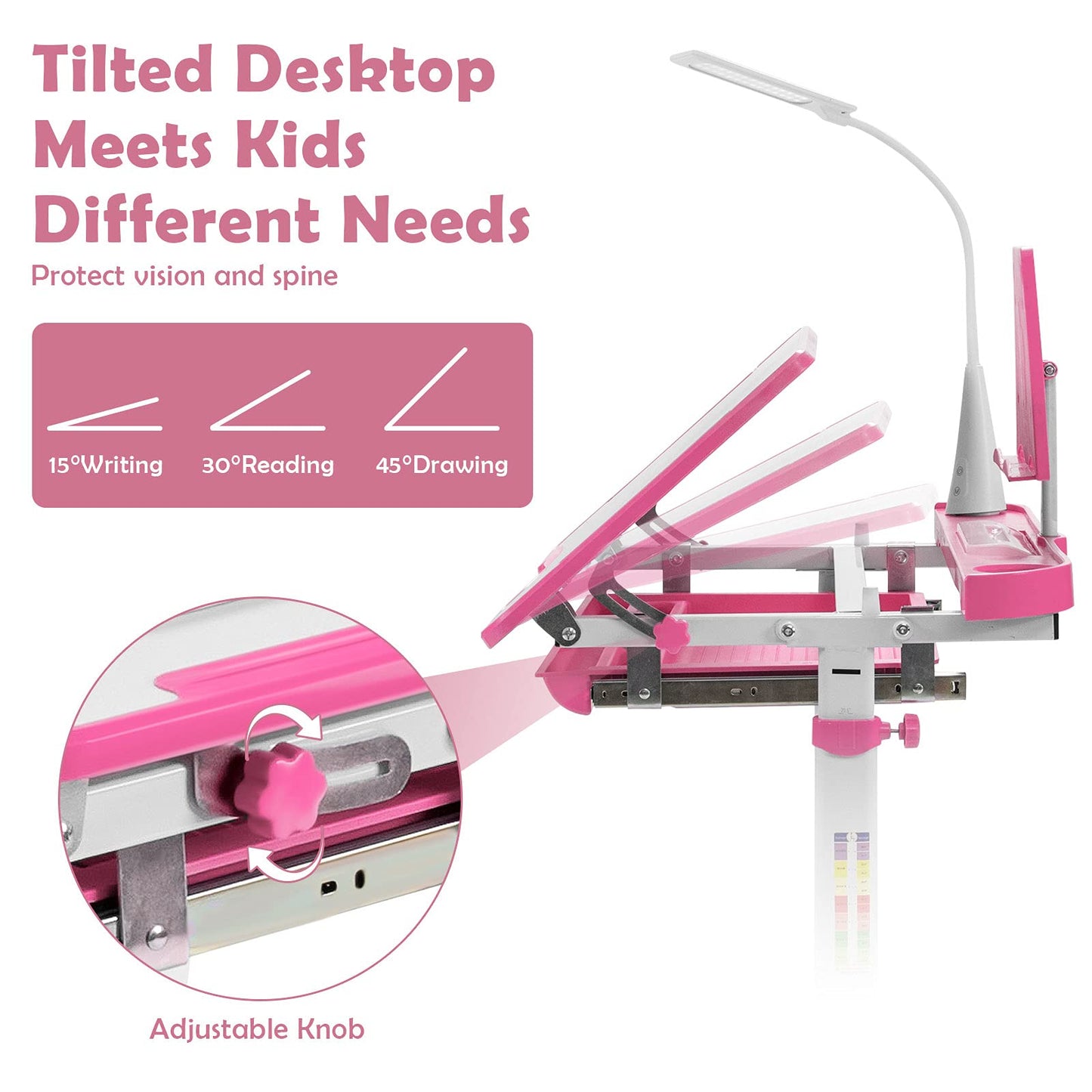 Kids Desk and Chair Set, Height Adjustable Student Study Table with Drawable & Tilted Desktop