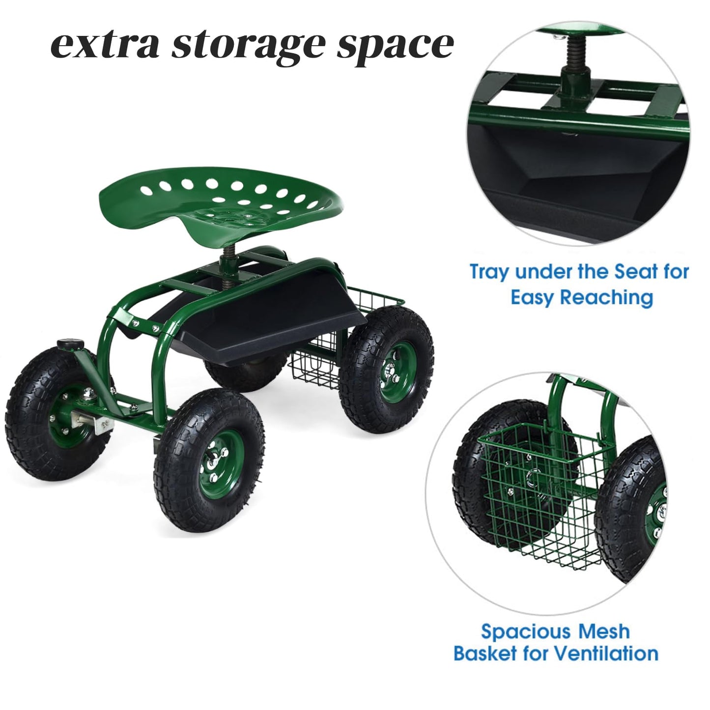 GiantexUK Adjustable Rolling Garden Cart, Swivel Gardening Trolley Planting Station Seat with Tool Tray & Basket