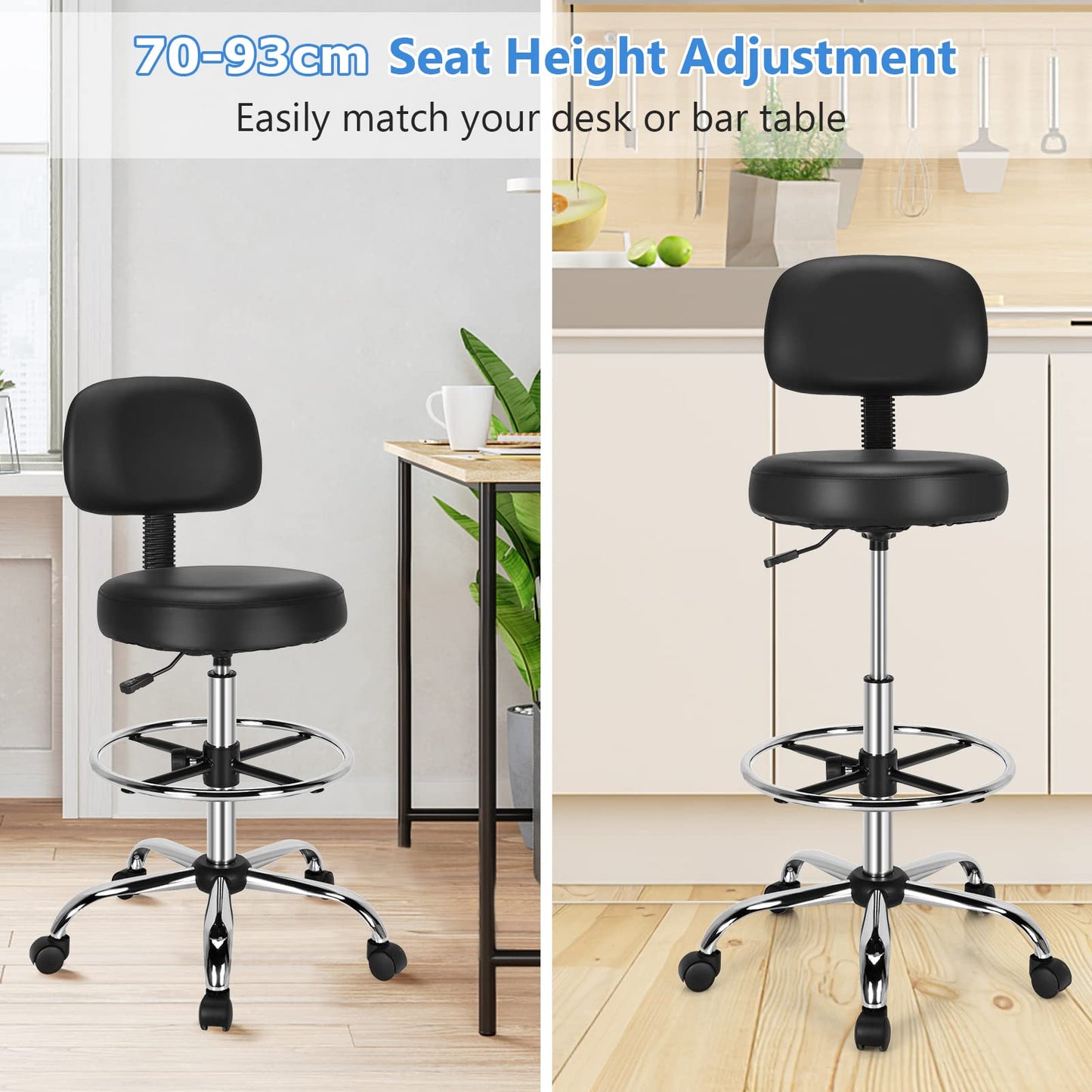 Ergonomic Drafting Chair, Height Adjustable Stool Swivel Office Chair with Backrest and Adjustable Footrest