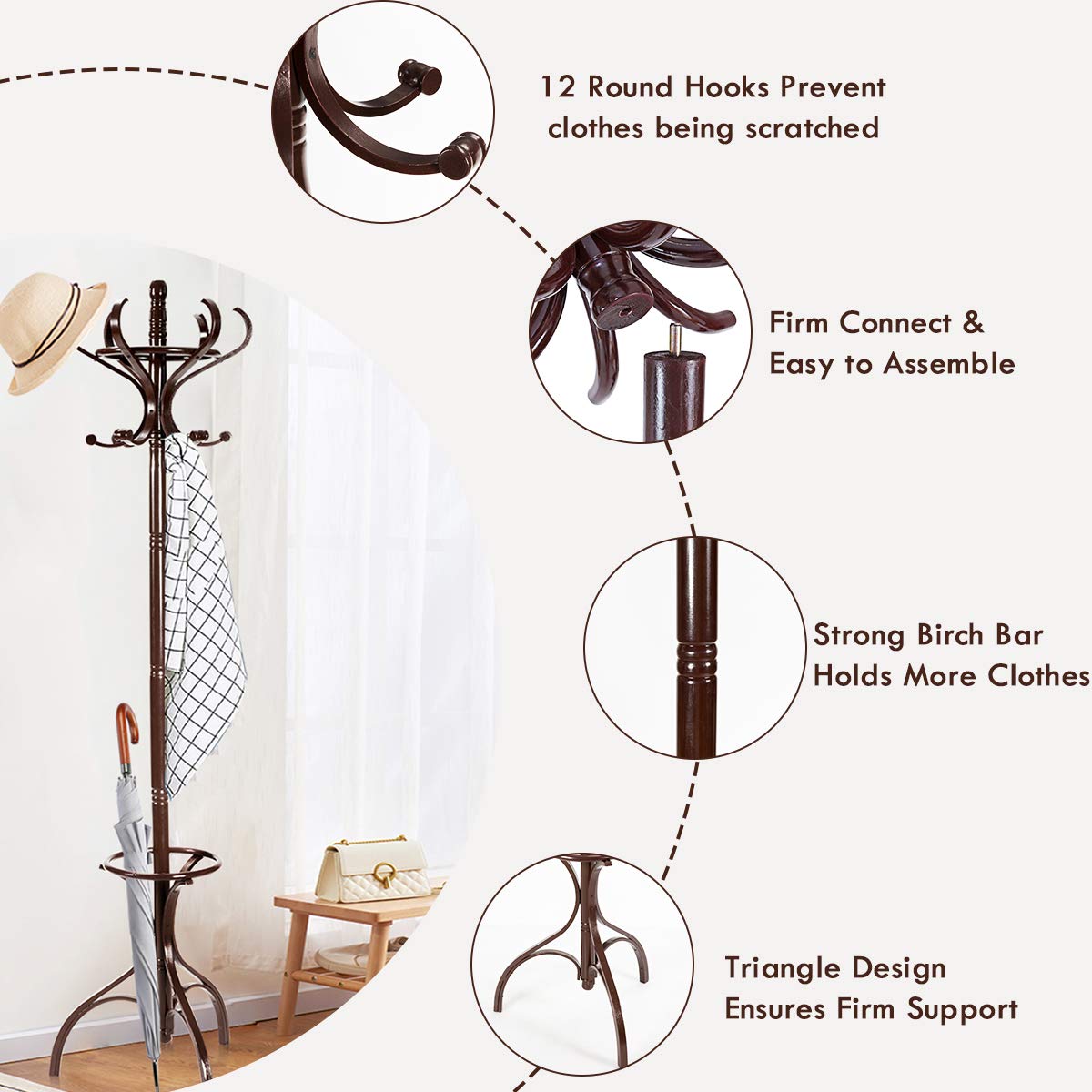 GiantexUK Rotating Coat Hat Rack, Wooden Freestanding Clothes Hanger with 12 Hooks