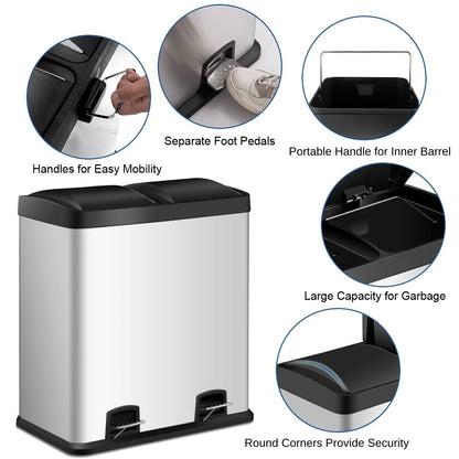 GiantexUK 60L Recycling Pedal Bin, 2x30L Stainless Steel Kitchen Trash Can with 2 Detachable Inner Buckets & Handles