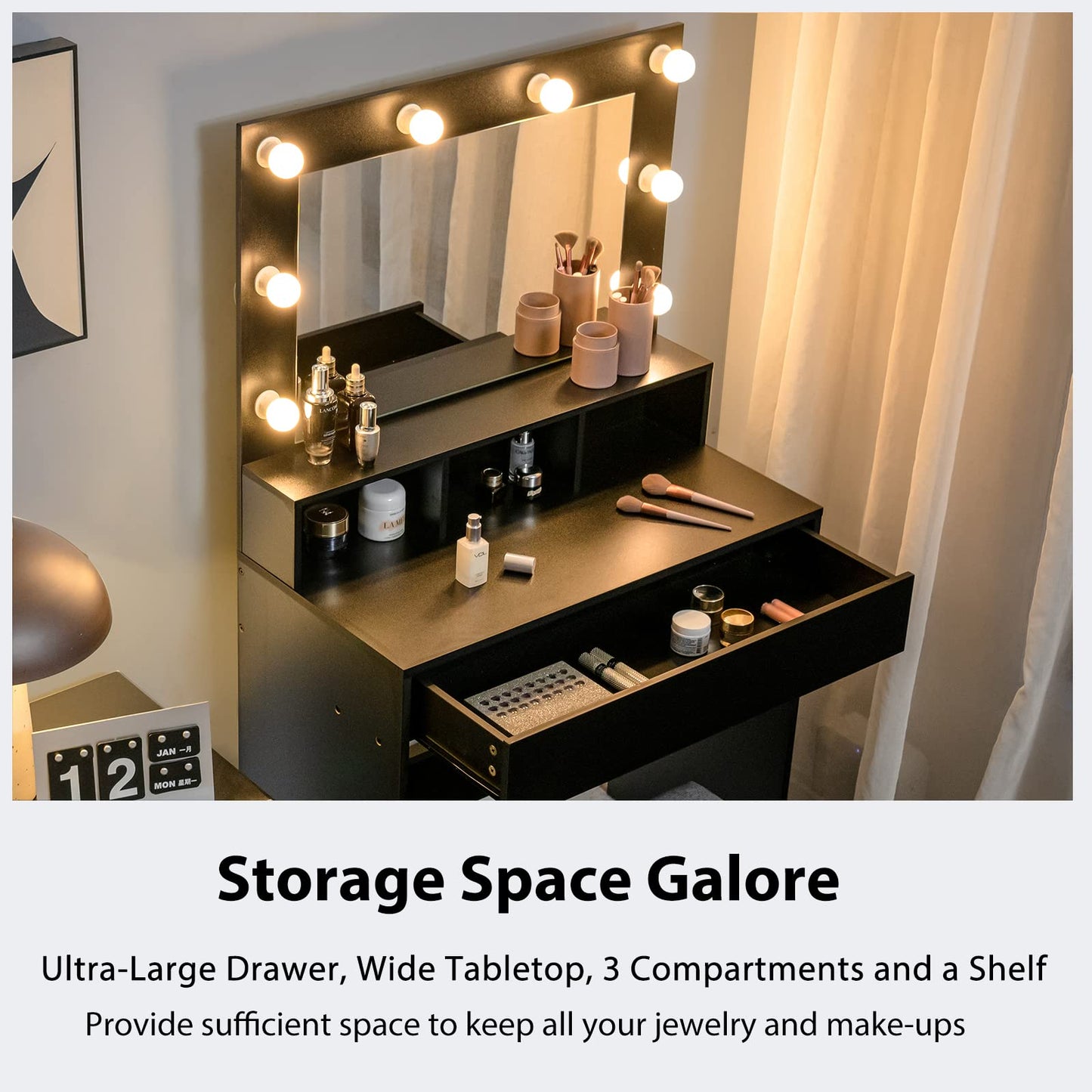 Dressing Table Set with LED Lights Hollywood Mirror, Drawer and Shelves