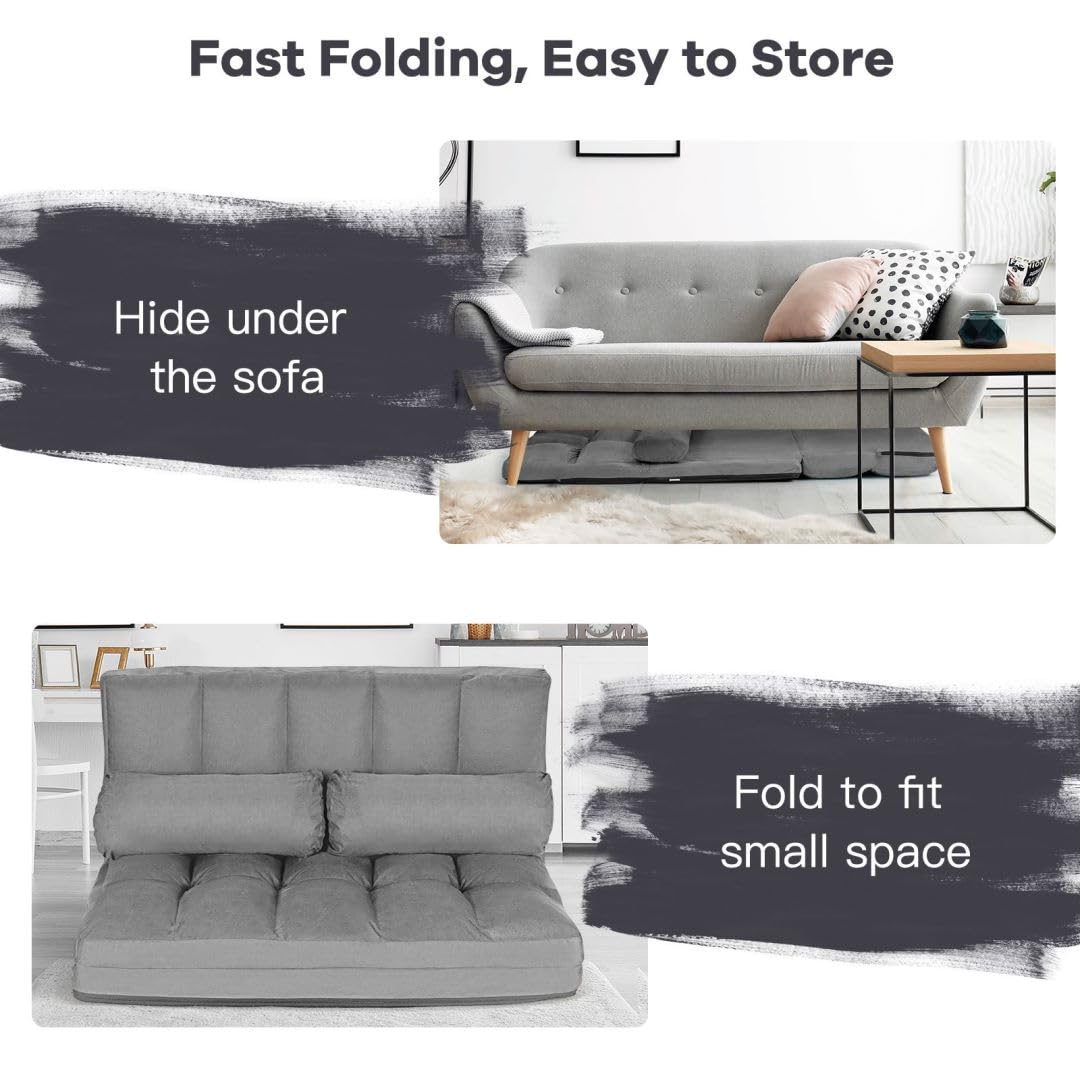 Folding Double Sofa Bed, Adjustable 6-Position Chaise Lounge Sofa with 2 Pillows and Sponge Filling