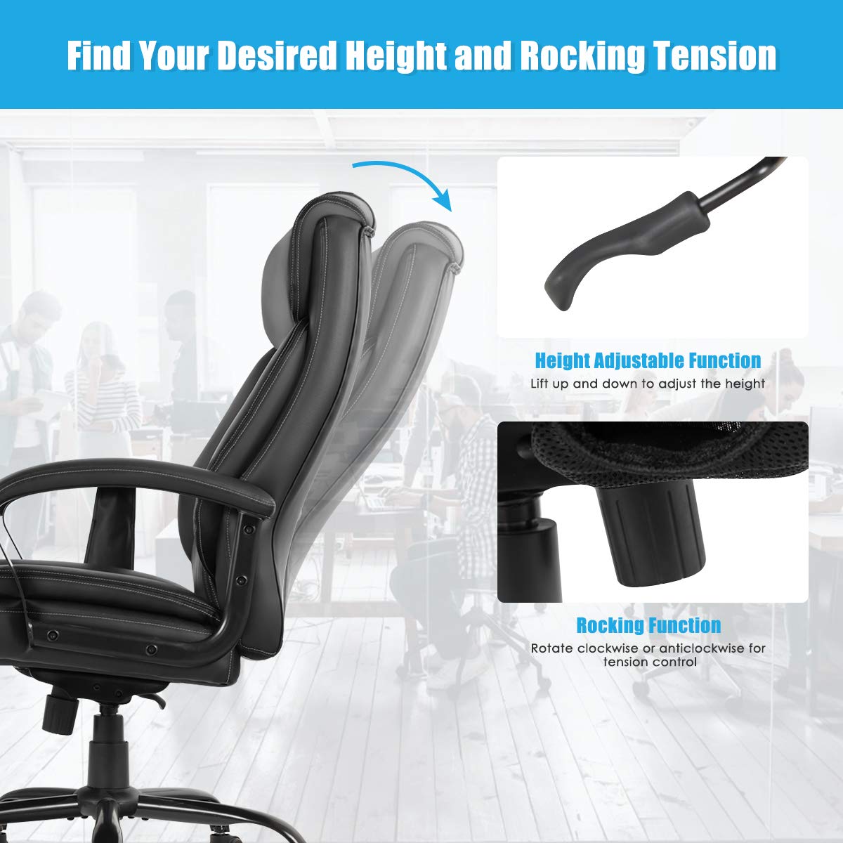 500LBS Big & Tall Massage Office Chair, Height Adjustable PU Leather Executive Computer Desk Chair with Rocking Backrest and Arms