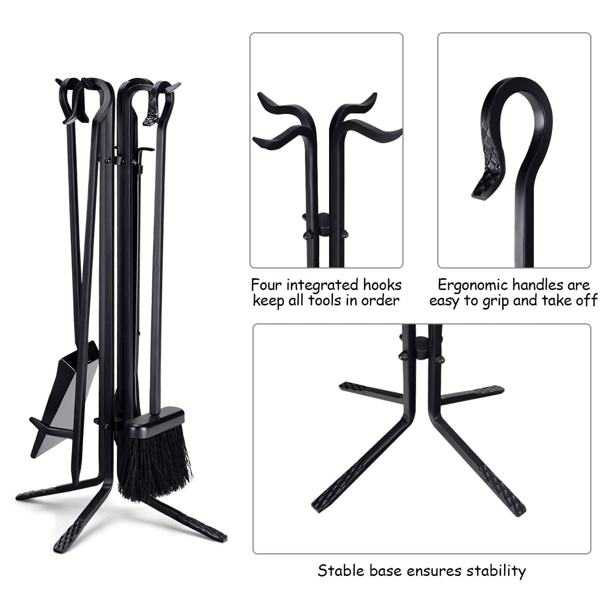 GiantexUK 5-Piece Fireplace Companion Set, Wrought Iron Fire Place Tools Set with Stand, Tong, Shovel, Brush & Poker (Black, 4 Hooks, 4-Point Base)