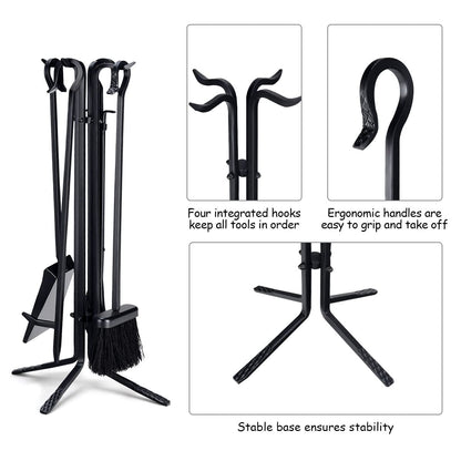 GiantexUK 5-Piece Fireplace Companion Set, Wrought Iron Fire Place Tools Set with Stand, Tong, Shovel, Brush & Poker (Black, 4 Hooks, 4-Point Base)