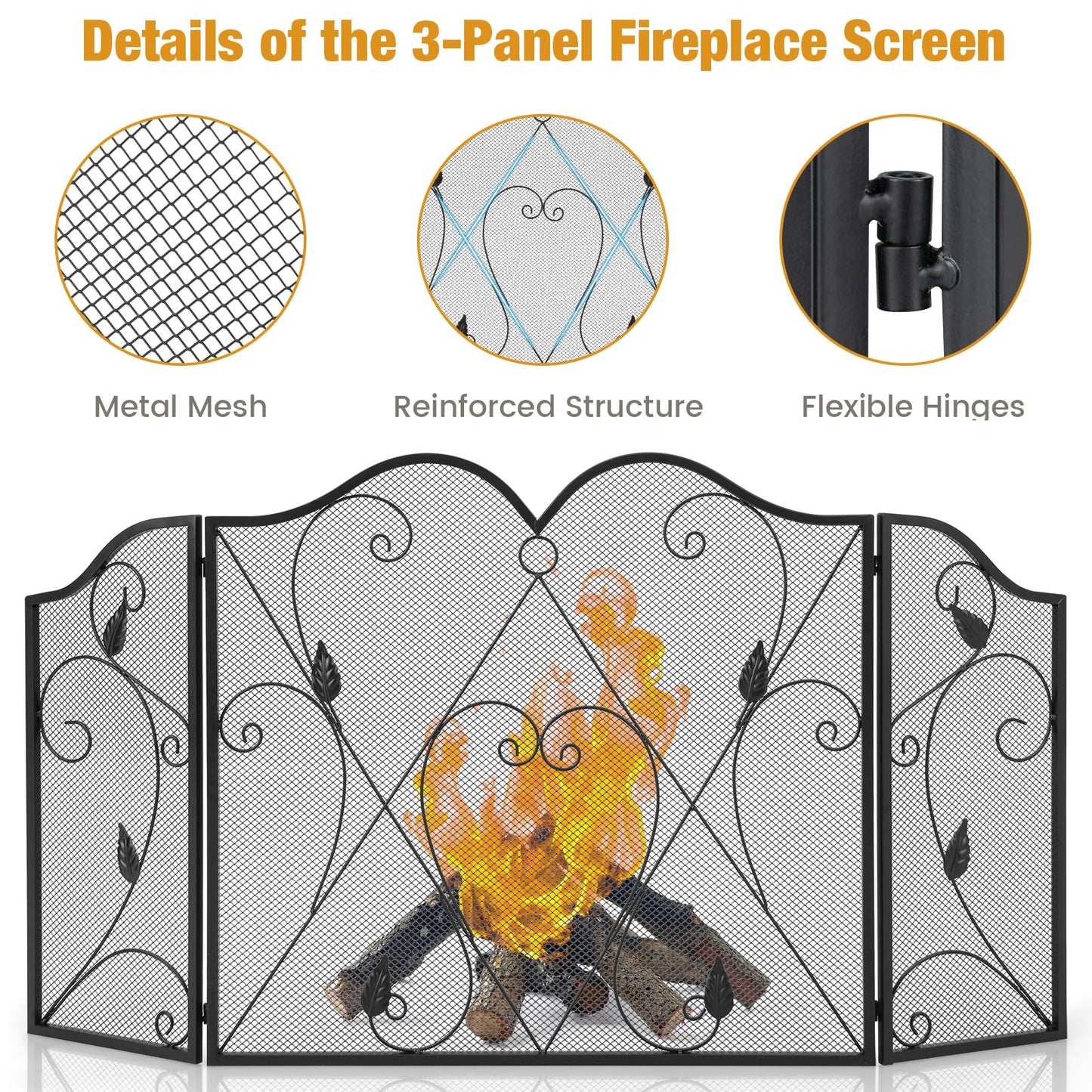 GiantexUK 3-Panel Folding Fireplace Screen, 134 x 73cm Heavy Duty Metal Mesh Spark Guard