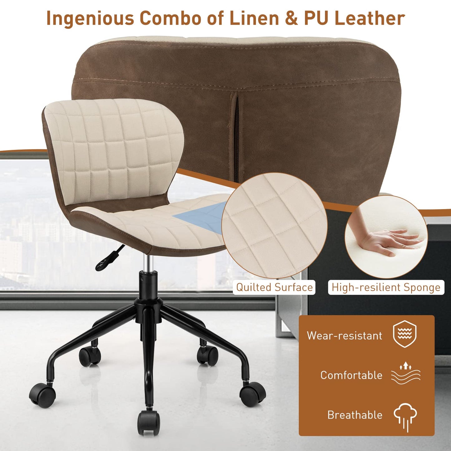 Swivel Office Chair, Ergonomic Height Adjustable Computer Desk Chairs with Wheels, Linen Fabric PU Leather