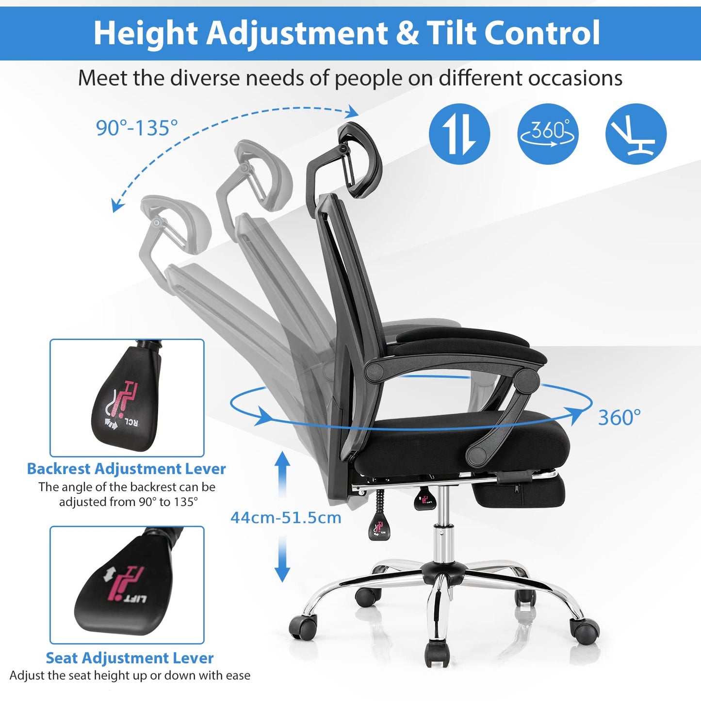 Mesh Office Chair, Ergonomic Swivel Computer Desk Chair with Retractable Footrest