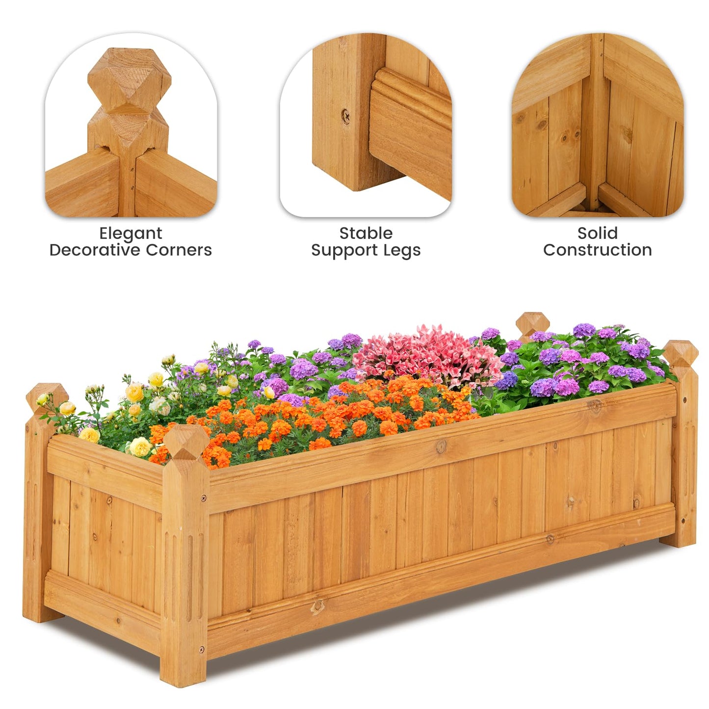 GiantexUK Wooden Garden Planter, Long Rectangular Raised Bed Flower Pot with 4 Drainage Holes (Natural, 110x40x35cm)