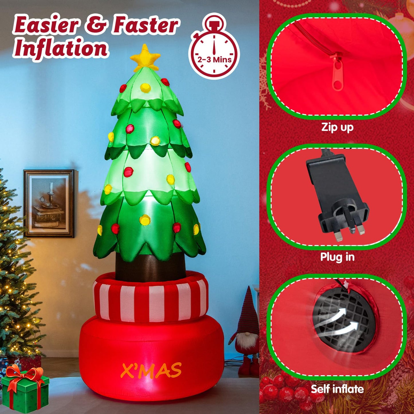 2.4M Inflatable Christmas Decoration, Blow up Christmas Tree with LED Lights (Green Rotating Tree)