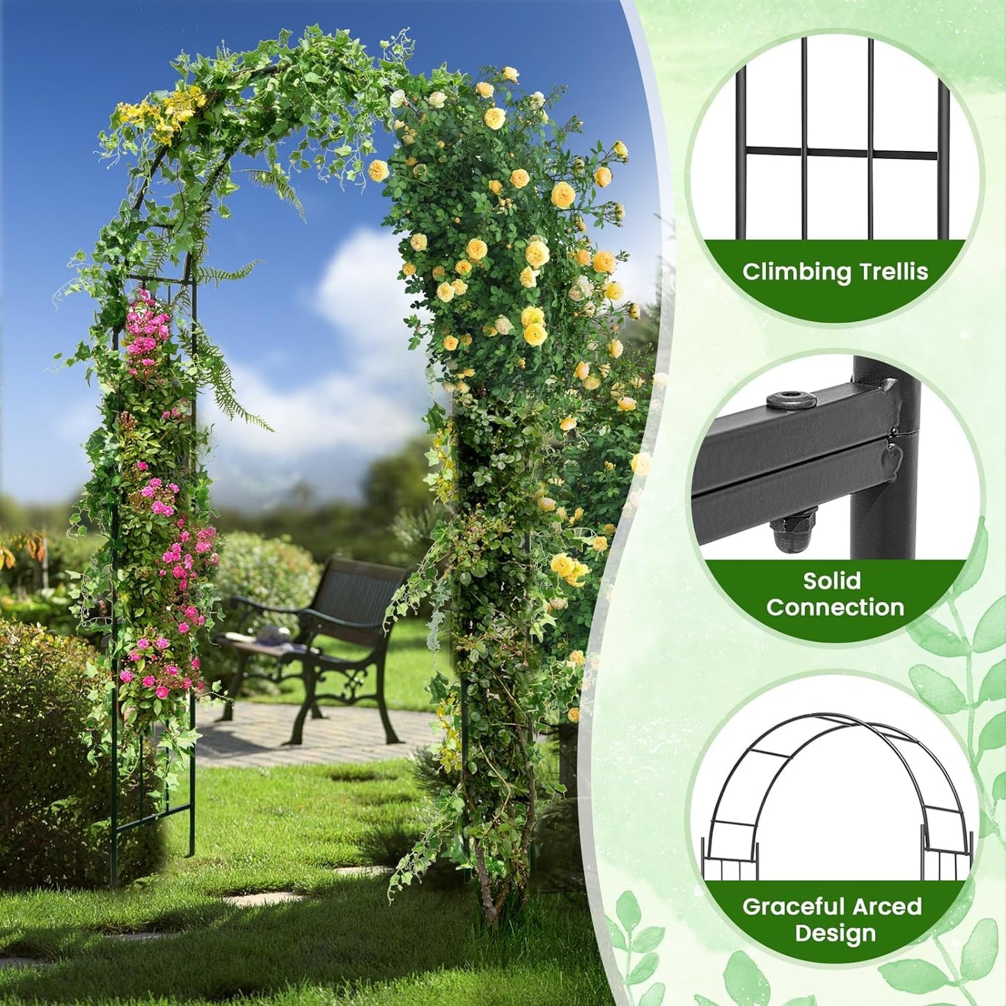 GiantexUK Metal Garden Arbour, Steel Frame Climbing Plants Support Trellis Arch with 4 Ground Stakes(110x35x230cm, Straight Patterns)