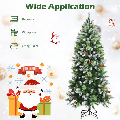 Artificial Pine Xmas Trees with Red Berries, PVC Tips & Metal Stand, Indoor Outdoor Christmas Decoration and Gift