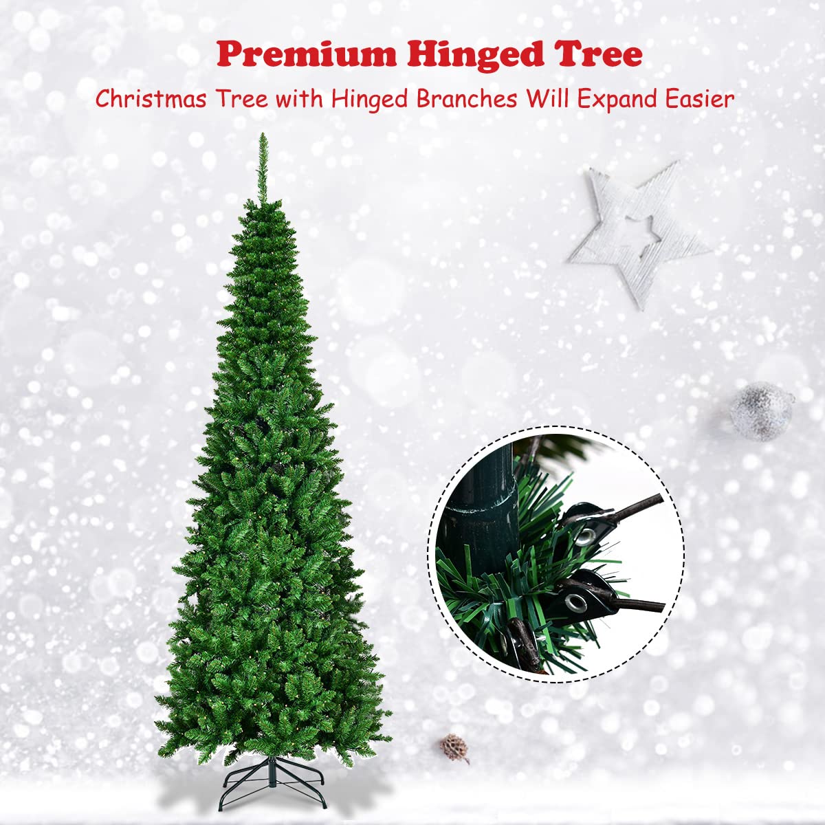 6.5FT Pre-lit Slim Christmas Tree, Hinged Pencil Xmas Tree with Warm LED Lights