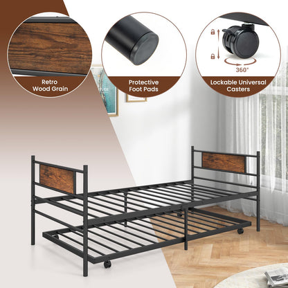 3FT Metal Day Bed with Trundle, Single Bed Frame with Pull-out Bed