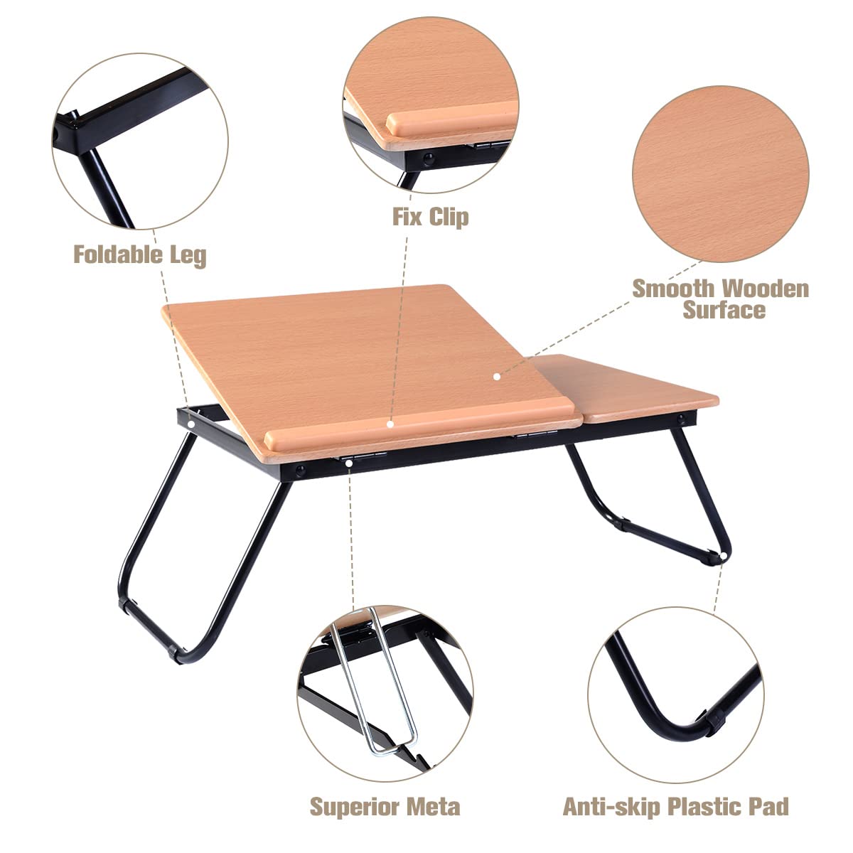 Folding Laptop Bed Table, Adjustable Lap Standing Desk Breakfast Bed Tray with 4-Angle Tilting Top