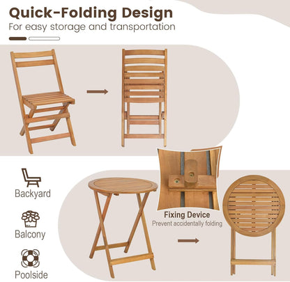 GiantexUK 3PCS Folding Bistro Set, Solid Acacia Wood Table and Chairs with Slatted Tabletop