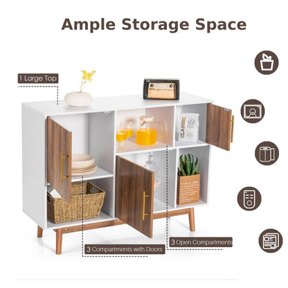 GiantexUK Storage Cabinet, Modern Buffet Cupboard with 3 Doors & 3 Open Compartments, Wooden Freestanding TV Sideboard (White+Brown, 95 x 31 x 76cm)