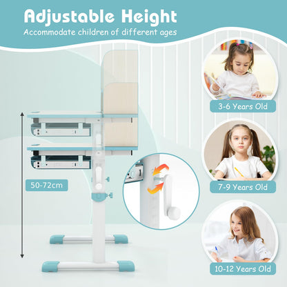 Kids Desk, Height Adjustable Children School Study Table with 7-Level Tiltable Desktop, Bookshelf & Pull-Out Drawer