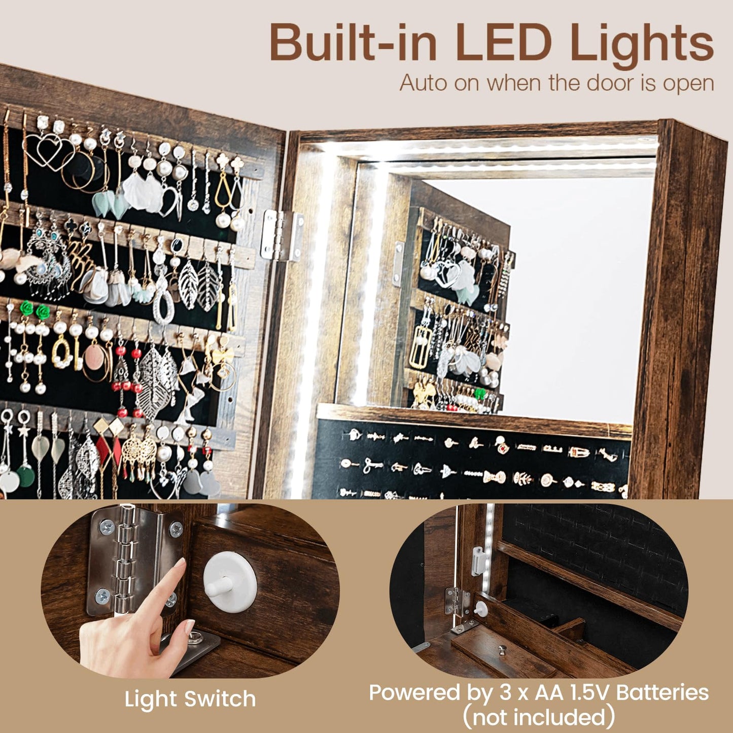 LED Lights Jewellery Cabinet, Freestanding Vanity Jewelry Armoire with Full Length Mirror