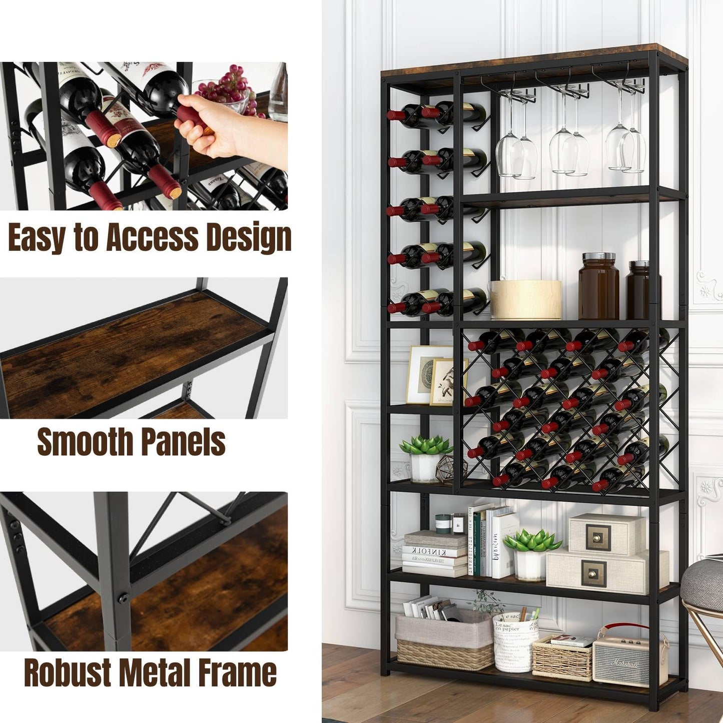 GiantexUK 27 Bottles Wine Rack, 6-Tier Freestanding Wine Bar Cabinet with Storage Shelves