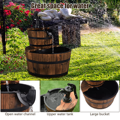 GiantexUK Wooden Water Fountain, 2-Tier Barrel Water Feature with Pump