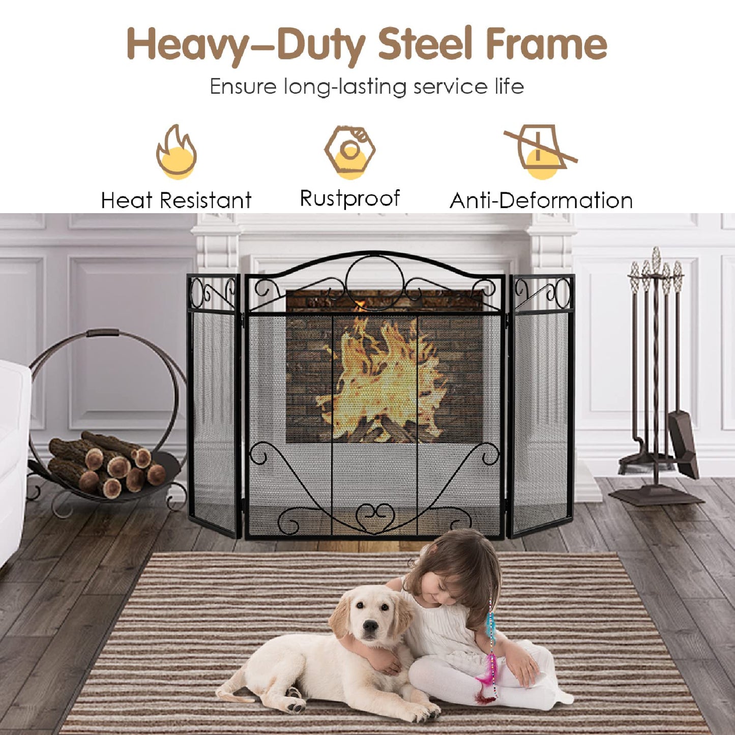 GiantexUK 3-Panel Folding Fire Guard, Metal Mesh Fireplace Screen, Heavy Duty Freestanding Spark Guard Safety Barrier (Scrollwork Pattern, 127 x 73cm)