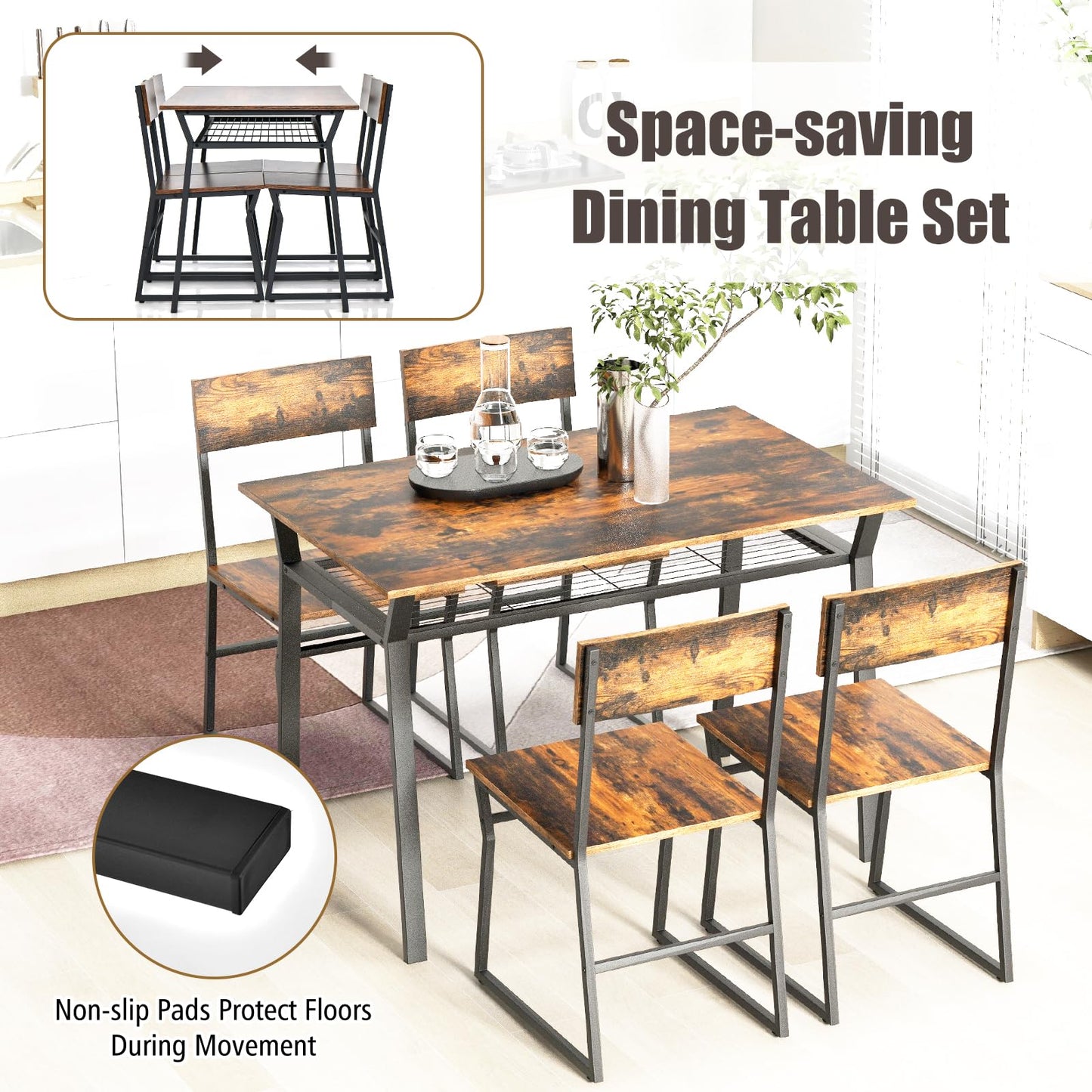 GiantexUK 5 PCS Dining Table Set, Industrial Table and Chairs Set with Storage Shelf and Reclining Seat Back