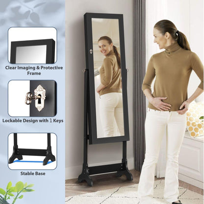 Freestanding Jewelry Cabinet, Lockable Cosmetic Storage Organizer with Full-Length Mirror & 4 Adjustable Angles